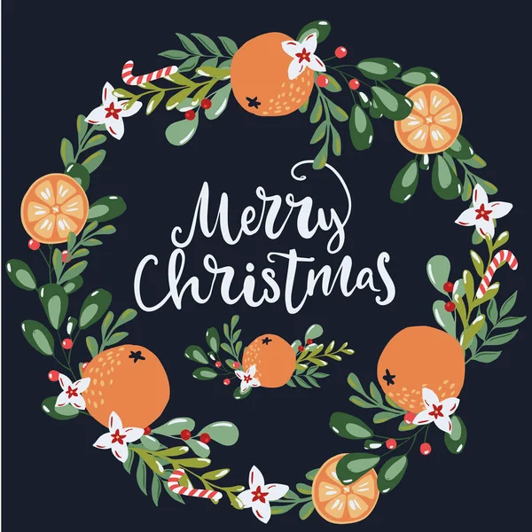 Frohe Weihnachten Grußkarte mit handgeschriebenen kalligraphischen Worten und handgezeichneten floralen Zweigen und Designelementen in traditionellen Farben auf dunklem Hintergrund — Stockvektor