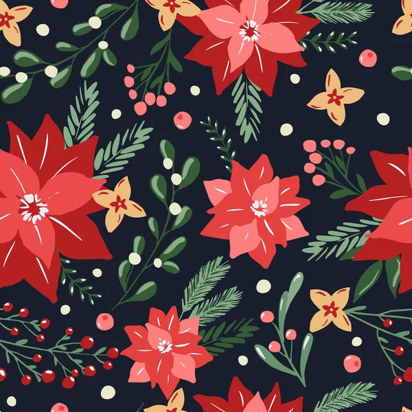 Naadloos patroon met met de hand getekende poinsettia bloemen en bloemen takken en bessen, maretak, kerst bloemen. Herhalende achtergrond voor het inpakken van papier, stof, stationaire producten decoratie. — Stockvector