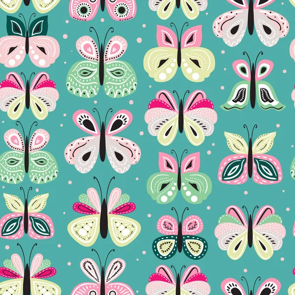 Seamless pattern with beautiful hand drawn butterfly. Tileable background for kids and women product design, fabric, stationery, textile, apparel. Fun and colorful vector illustration — Stock Vector