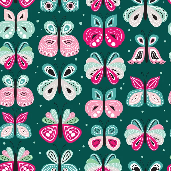 Nahtloses Muster mit wunderschönem handgezeichneten Schmetterling. Fliesbarer Hintergrund für Kinder und Frauen Produktdesign, Stoff, Schreibwaren, Textilien, Bekleidung. Spaß und bunte Vektorillustration — Stockvektor