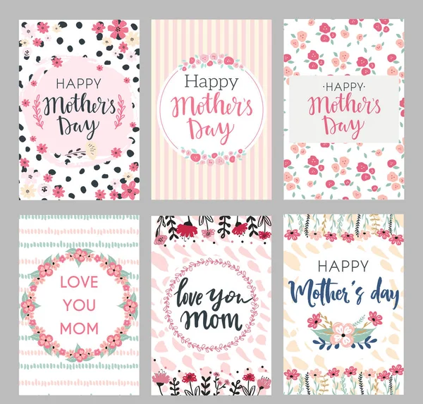 Set of Mothers day greeting cards. Collection of textured delicate Happy Mothers day greeting cards with flowers and wreaths