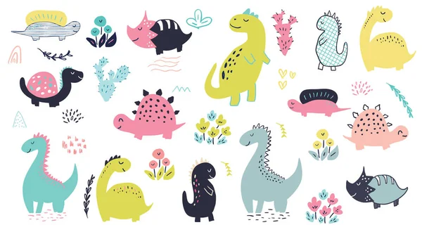 Bir dizi sevimli el çizimi dinozor karakterleri, çiçekler ve kaktüsler. Çocuk resimleri