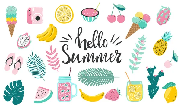 Set of cute hand drawn summer elements and lettering quotes about summer. Tropical Palm leaves and fruits — Stock Photo, Image