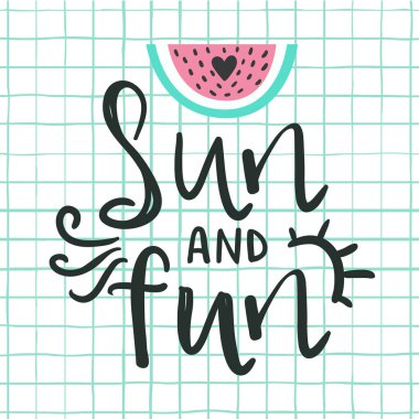 Güneş ve eğlence harfleri tipografi ve el çizimi karpuz modern şebeke arka planında