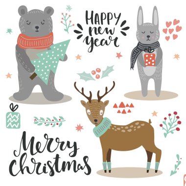 Orman hayvanları vektör illüstrasyonu. Ayı, tavşan, geyik ve el yazısıyla yazılmış Noel selamlama mektupları.