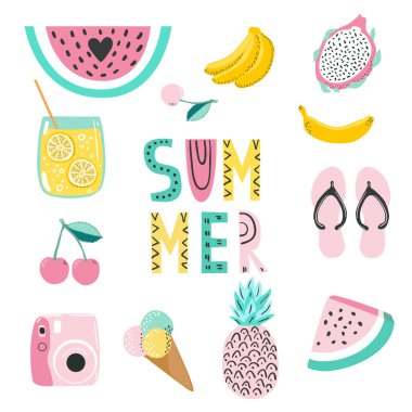 Çağdaş İskandinav tarzında şirin ve eğlenceli yaz elementleri ve meyveler çizilmiş el yazısı tipografisi