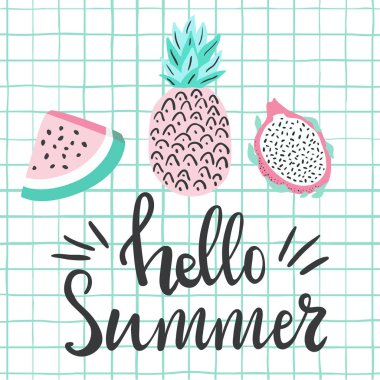Merhaba yazı harfleri tipografi ve el çizimi meyveler karpuz, pitaya, ananas modern şebeke arka planı.