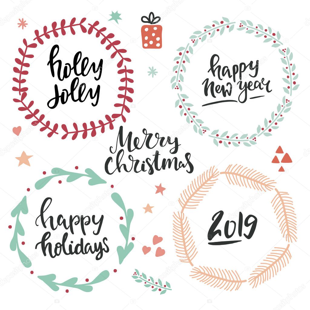 Collection of floral wreaths and hand written lettering christmas phrases and hand drawn design elements