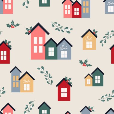 Elle çizilmiş kusursuz desenli şirin bir ev, çiçek dalları, ökseotu, modern İskandinav tarzında çiçekler. Paket kağıdı, kumaş, sabit ürün dekorasyonu için arka plan tekrarlanıyor.