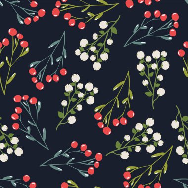 Elle çizilmiş noktalı çiçekli, çiçekli, böğürtlenli, ökseotlu, noel çiçekli kusursuz desenler. Paket kağıdı, kumaş, sabit ürün dekorasyonu için arka plan tekrarlanıyor.