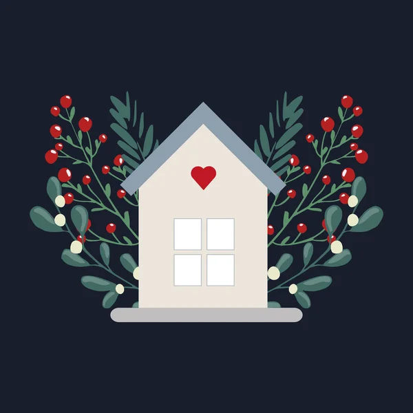 Çağdaş İskandinav tarzında çiçek dalları ve böğürtlenlerle süslenmiş hoş bir Noel evi tasviri. Mutlu Noeller tebrik kartı ya da poster şablonu