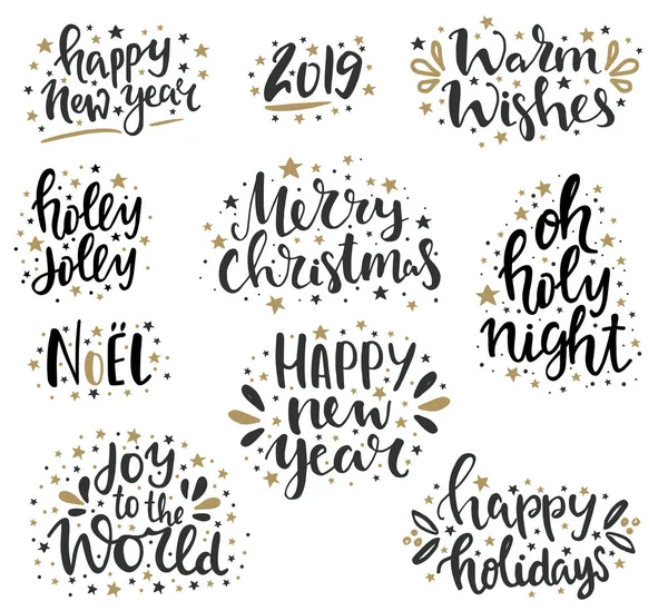 Winter holidays lettering set. Hand written Merry Christmas and happy new year lettering and typography collection. Isolated black on white phrases with gold sparkles — Stock Vector