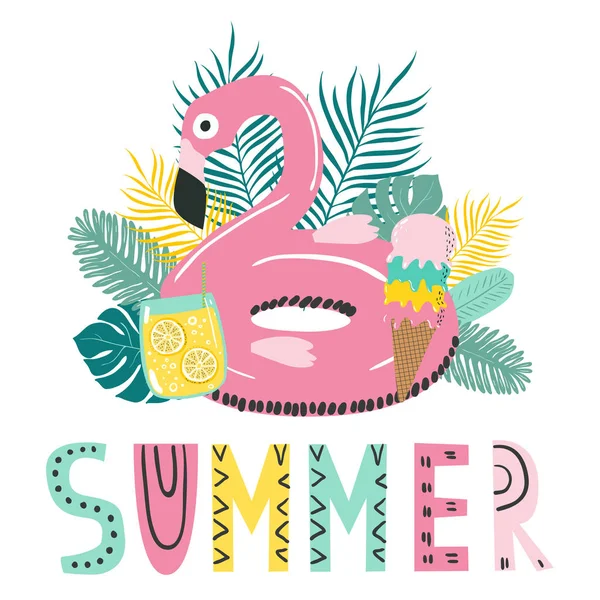 Summer typography card and hand drawn modern illustration with flamingo, ice cream and palm leaves in scandinavian style — Stock Vector