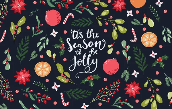 Yatay Mutlu Noeller afişi, el çizimi çiçek dalları ve koyu arkaplan çilekleri.