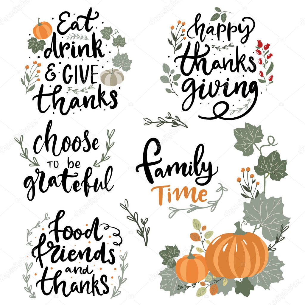 Set of hand drawn lettering fall, autumn and Thanksgiving quotes and pharses for cards, banners, posters design. Warm wishes, fall i love you, give thanks, be grateful, sweater weather