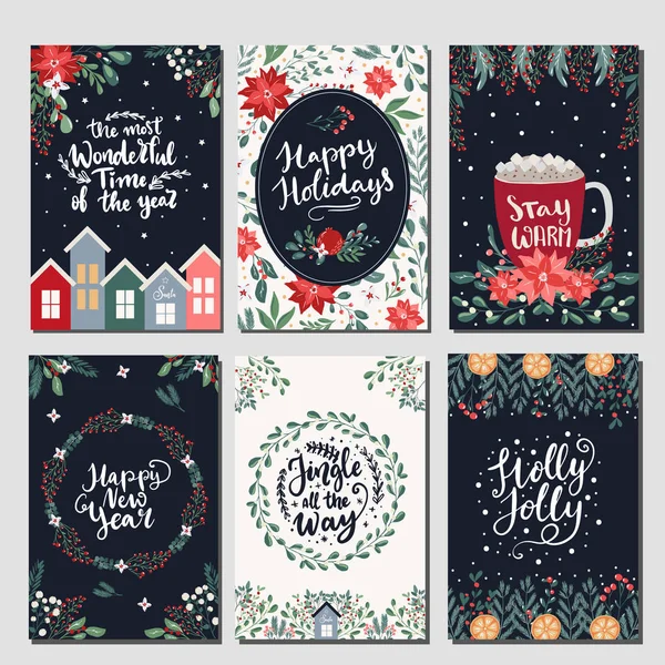 Geleneksel renklerde, dikey afişlerde, el ilanlarında, davetiyelerde Mutlu Noeller yazılı kartlar. Mutlu yıllar, mutlu bayramlar kartları Noel çiçekleri ve kış eşyalarıyla