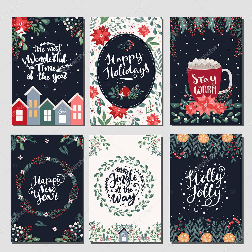 Set of Merry Christmas greeting hand drawn lettering cards in traditional colors,vertical banners, flyers,invitations. Happy New Year, Happy Holidays cards with christmas florals and winter objects