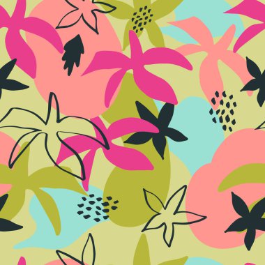 Soyut çiçekli dikişsiz kağıt wirh hatları, damlalar, çiçekler, noktalar ve soyut şekiller. Kumaş, duvar kağıdı, yüzey tasarımı, ambalaj kağıdı, yapıştırma defteri, yapıştırma kağıdı için dijital yinelenen kağıt arkaplan