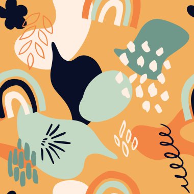 Soyut çiçekli dikişsiz kağıt wirh hatları, damlalar, çiçekler, noktalar ve soyut şekiller. Kumaş, duvar kağıdı, yüzey tasarımı, ambalaj kağıdı, yapıştırma defteri, yapıştırma kağıdı için dijital yinelenen kağıt arkaplan