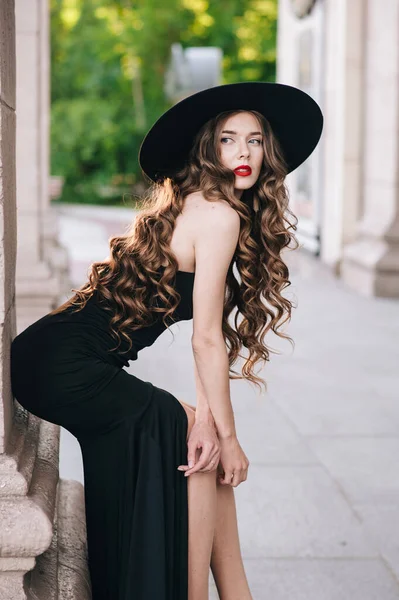 Ukrainian Girl Black Dress Outdoors Hat — Stock Photo, Image