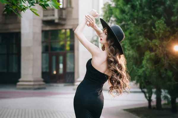 Ukrainian Girl Black Dress Outdoors Hat — Stock Photo, Image