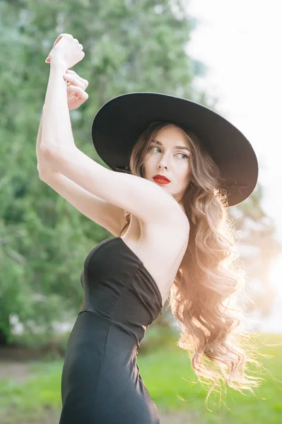 Ukrainian Girl Black Dress Outdoors Hat — Stock Photo, Image