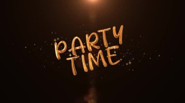 Golden Party Time text animation with sparkling particles, glowing shine, and festive light effects. Perfect for party intros, celebration videos, music events, club promos, and festival openers
