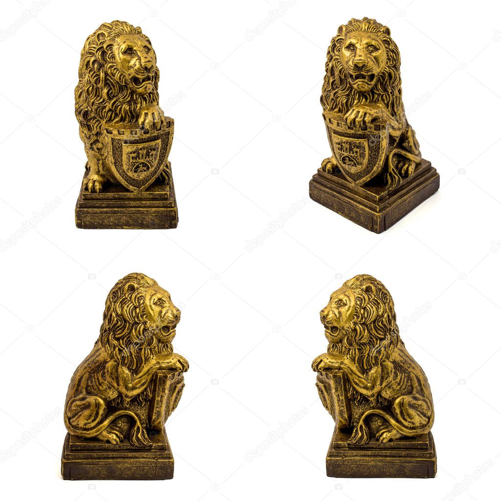 Set of gold statuettes of a lions with shield isolated on a white background