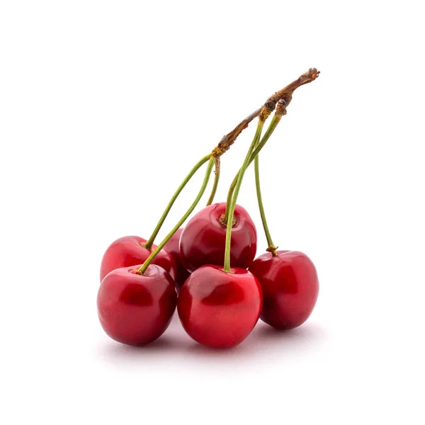 Foto Hermosas Cerezas Rojas Con Colas Aisladas Sobre Fondo Blanco — Foto de Stock