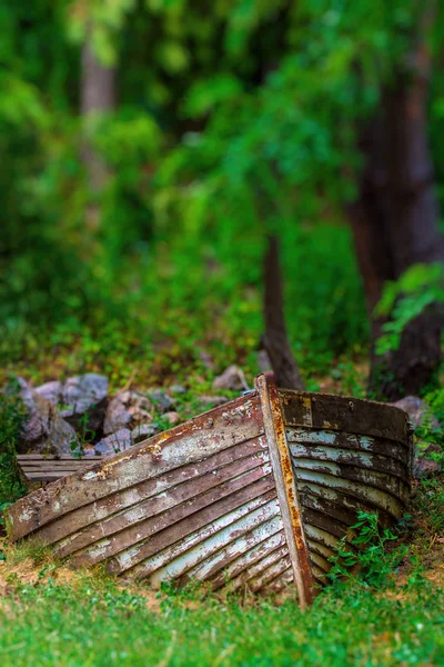 河边森林里老木头生锈的小船的照片 — 图库照片