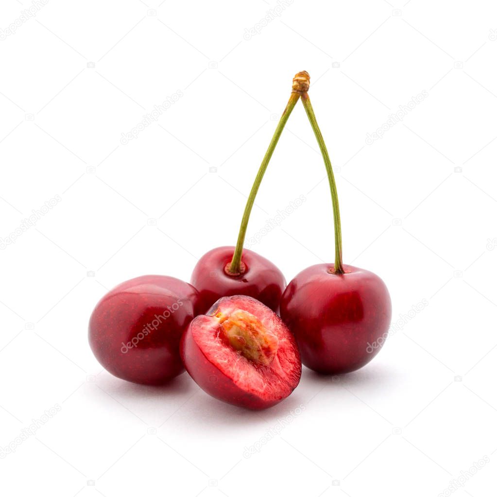 Photo of red cherries isolated on white background