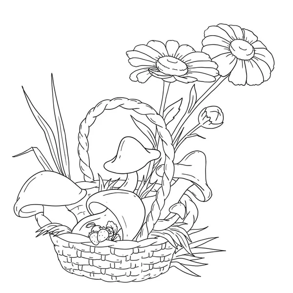 Mantar ve çilek sepeti. Mantar ve chamomiles. Orman hasat. Boyama kitabı için vektör çizim.