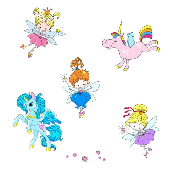 Collection Mythical Characters Fantastic Cartoon Characters Lovely Fairies Unicorns Vector — Stock Vector