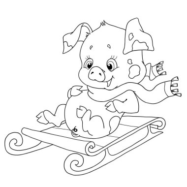 Neşeli karakteri bir domuz. Kızak üzerinde domuz yavrusu. Çin falı. Vektör illüstrasyon izole. Zodyak. Boyama kitabı.