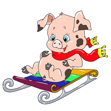 Kızak üzerinde domuz yavrusu. Neşeli çizgi film karakteri. Noel karakter domuz. Vektör tebrik kartı.