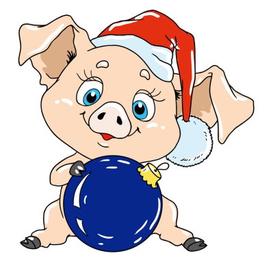 Cute pig with a Christmas tree toy. Pig cartoon character for postcard. Congratulations on Christmas. Chinese New Year. clipart