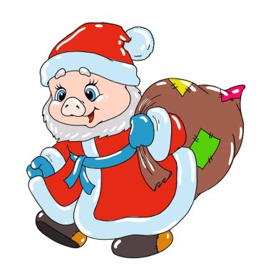 Noel Baba'nın kostüm tatlı domuzcuk. Kartpostal için domuz çizgi film karakteri. Noel için tebrik ederim. Çin yeni yılı.