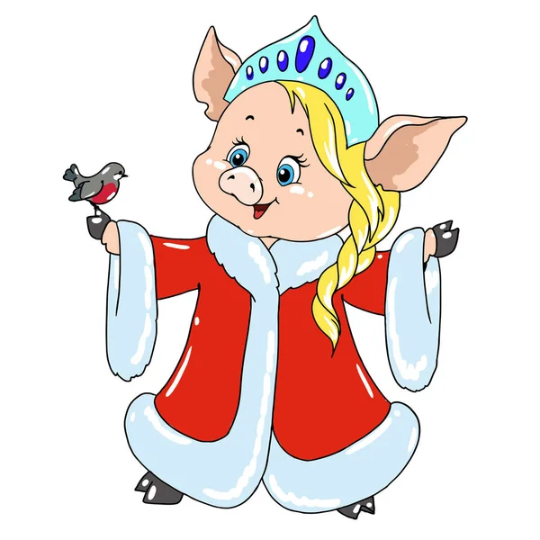 Cute Pig Snow Maiden Costume Pig Cartoon Character Postcard Congratulations — Stock Vector