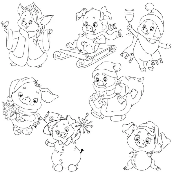 Conjunto Personajes Lindos Para Nuevo Año Personajes Navideños Dibujos Animados — Vector de stock