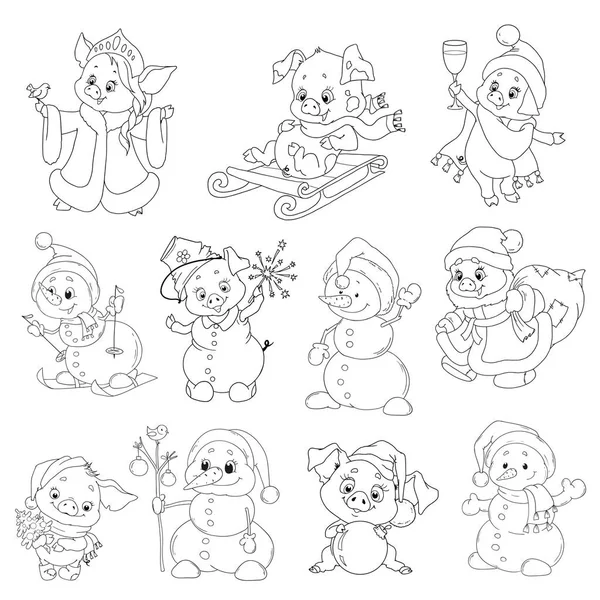 Conjunto Personajes Lindos Para Nuevo Año Personajes Navideños Dibujos Animados — Vector de stock