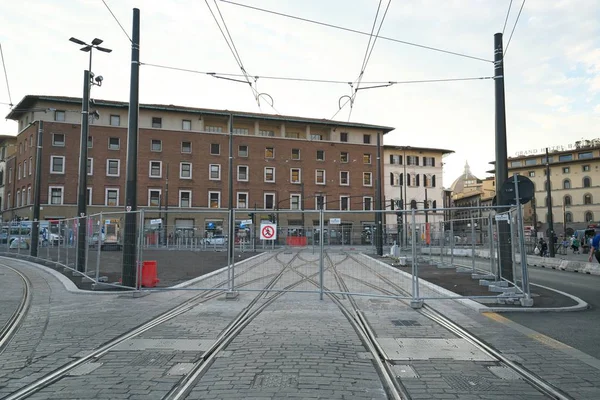 Florence Italië Juli 2018 Tram Aanbouw Net Zonsopgang Florence Italië — Stockfoto