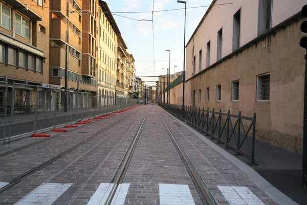 Florencia Italia Julio 2018 Tranvía Construcción Justo Después Del Amanecer — Foto de Stock