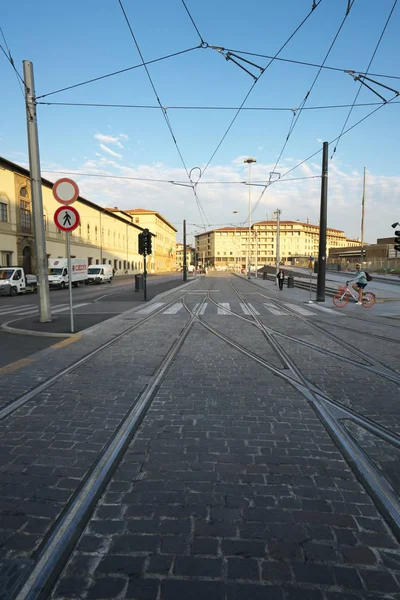 Florencia Italia Julio 2018 Tranvía Construcción Justo Después Del Amanecer — Foto de Stock