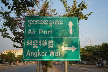 Siem Reap,Cambodia-Januay 9, 2019: A road direction sign on National Highway 6 in Siem Reap, Cambodia