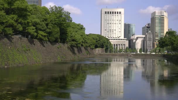 Tokio Japan Juli 2019 Water Gracht Reflecterend Gebouwen Tokio — Stockvideo