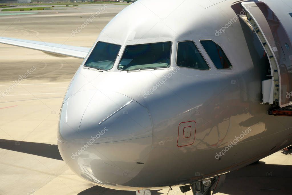 Chiba, Japan - June 16, 2019: Closeup of the nose of an aircraft