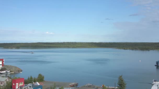 Yellowknife Canadá Agosto 2019 Hidroavião Deslizando Yellowknife Bay Visto Topo — Vídeo de Stock