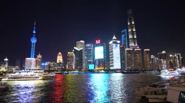 Şangay,Çin-15 Eylül 2019: Pudong Yeni Alan yüksek katlı binaların Gece Görünümü
