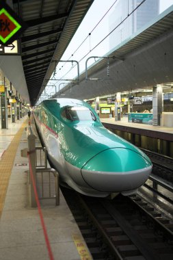 Tokyo, Japonya-4 Ekim 2019: Küçük Tohoku Shinkansen Hayabusa yağmurlu bir sabah Tokyo istasyonundan ayrılıyor.