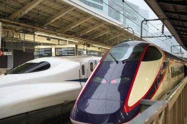 Tokyo, Japonya-4 Ekim 2019: Küçük Yamagata Shinkansen Tsubasa yağmurlu bir sabah Tokyo istasyonundan ayrılıyor.